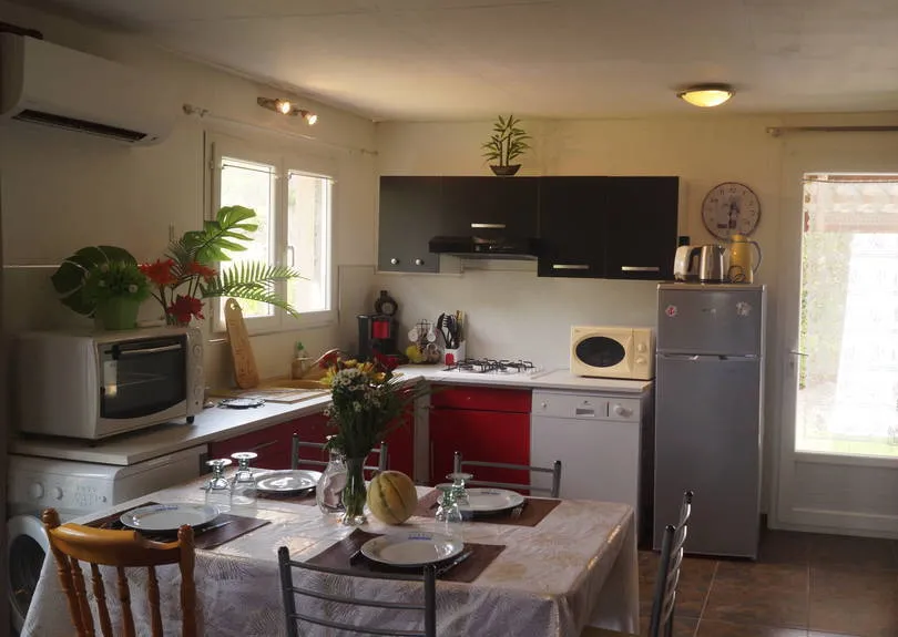 Cuisine équipée avec four, micro-ondes, réfrigérateur, lave-vaisselle et climatisation