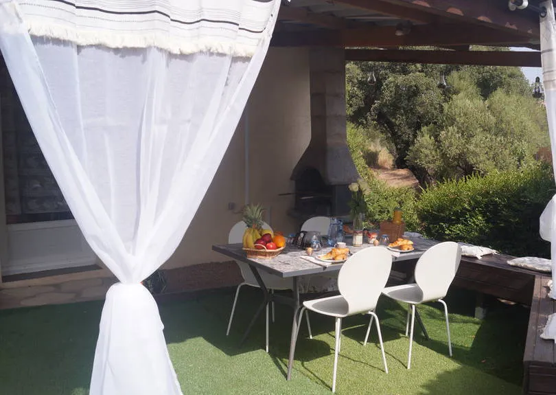 Terrasse couverte de la maison, table dressée sous la pergola et barbecue en pierre